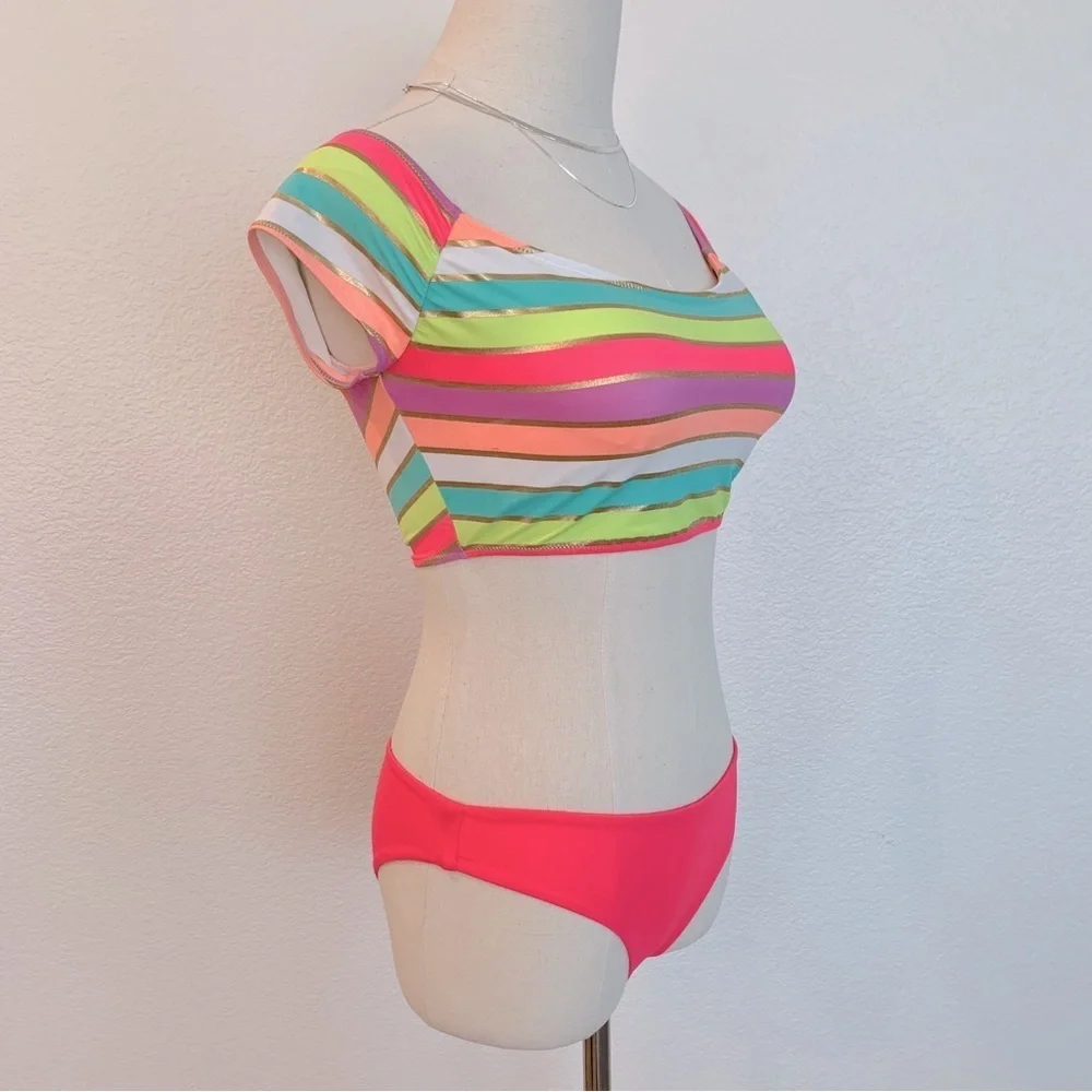 🌞 NWOT VS 2-Piece Set Rainbow Soiree Foil Gold Stripe Off-Shoulder Swimsuit
